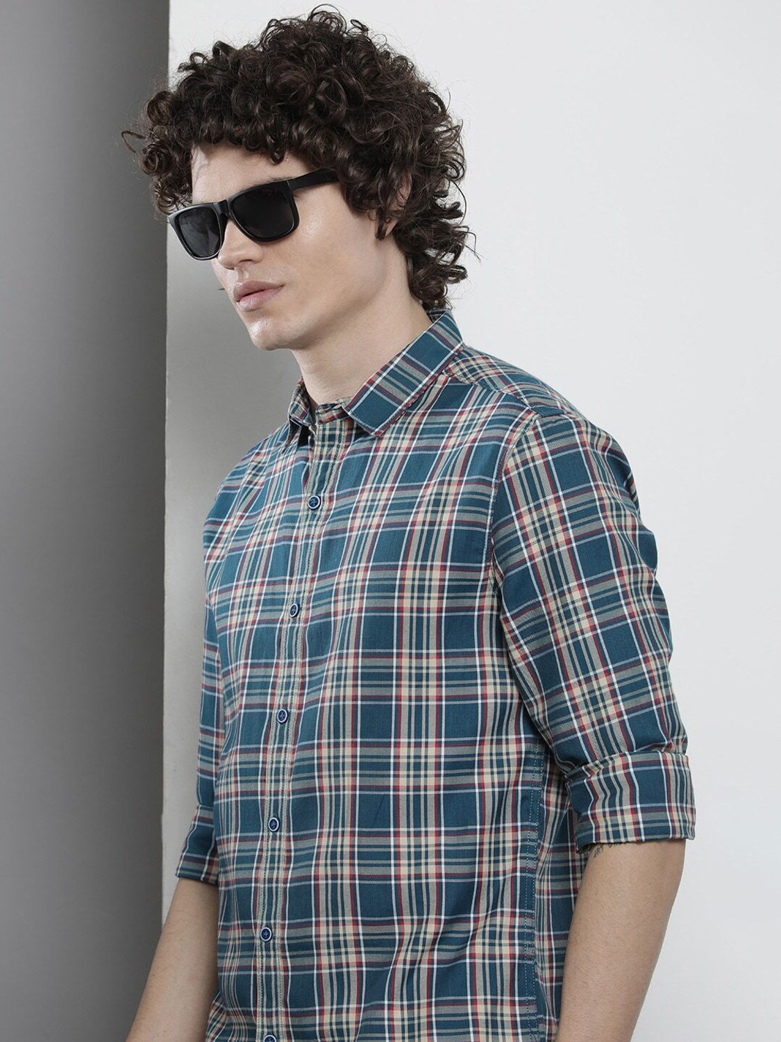 Image of The Indian Garage Co. Men Checkered Casual Dark Blue Shirt
