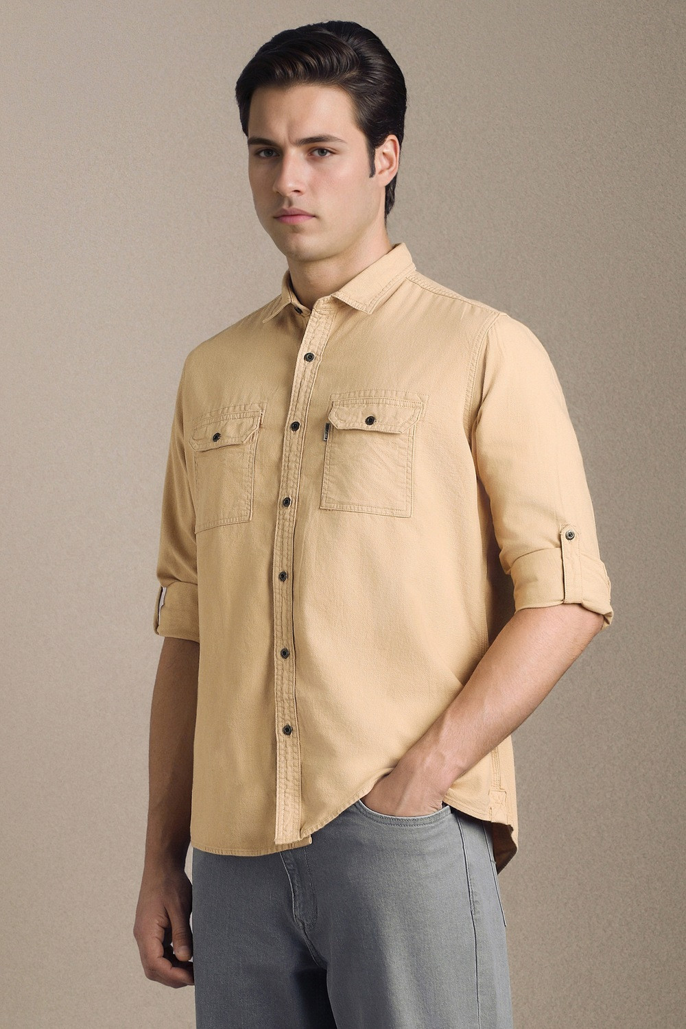 Image of LOUIS PHILIPPE Men Solid Casual Beige Shirt