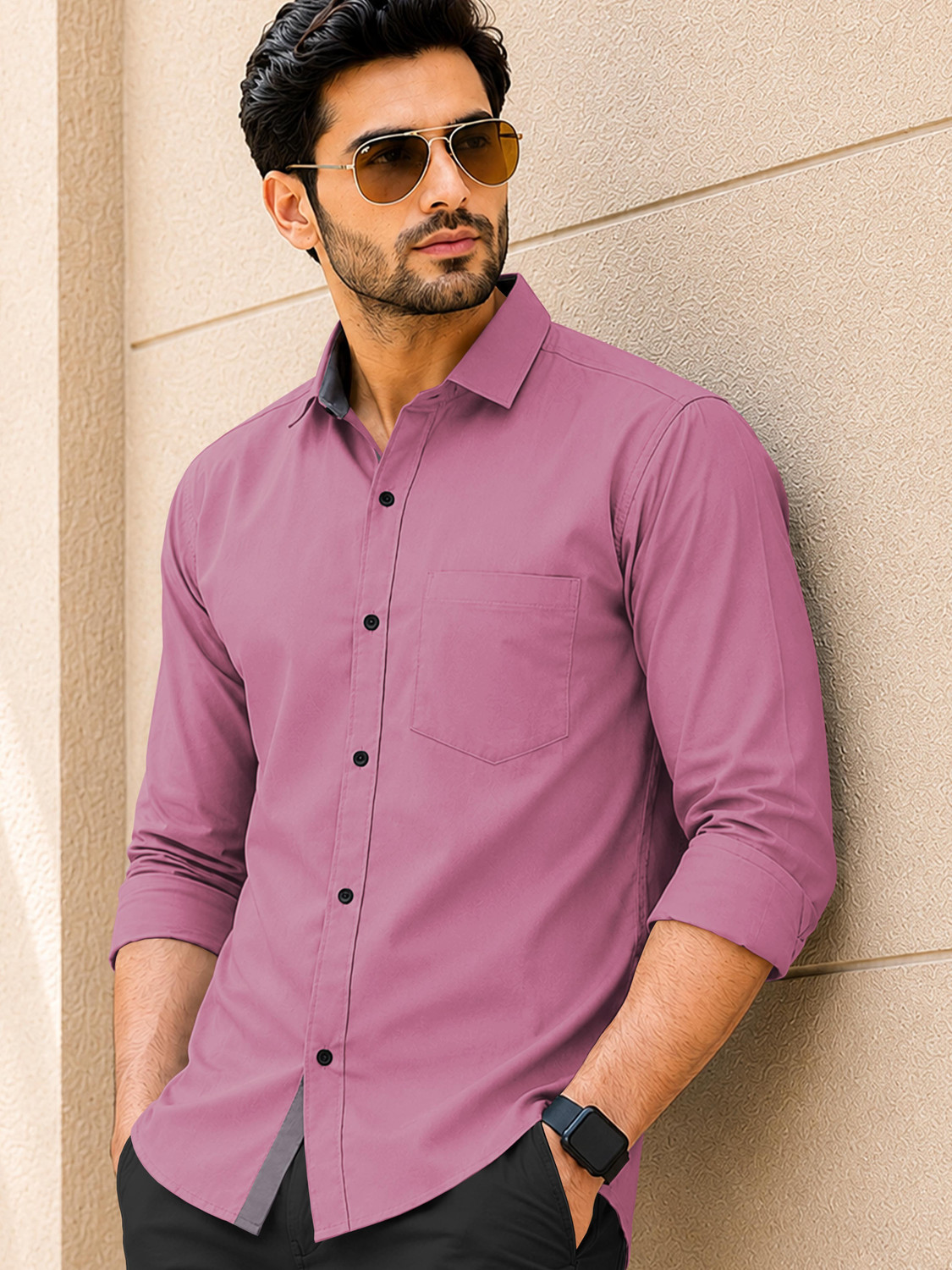 Image of VeBNoR Men Solid Casual Pink Shirt