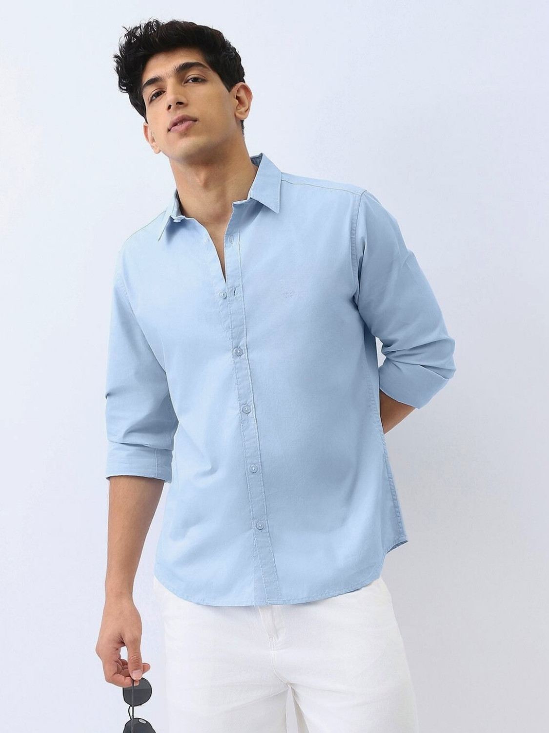 Image of URBANICE Men Solid Casual Light Blue Shirt