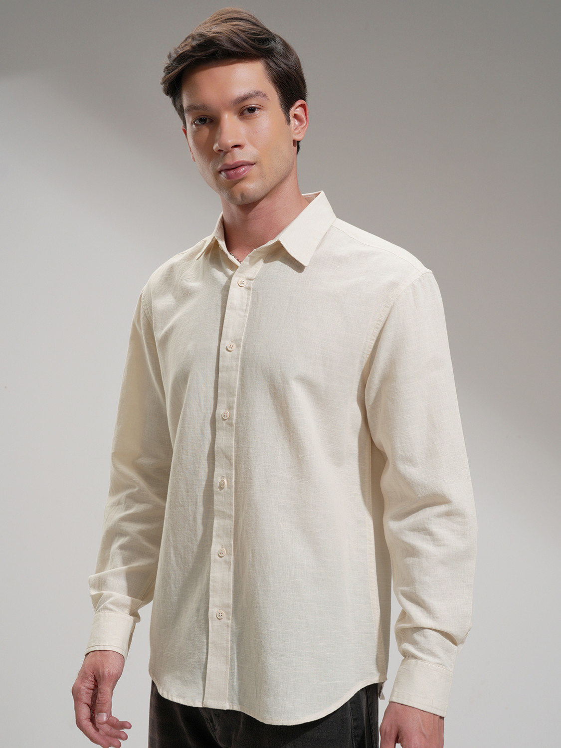 Image of HIGHLANDER Men Self Design Casual Cream Shirt