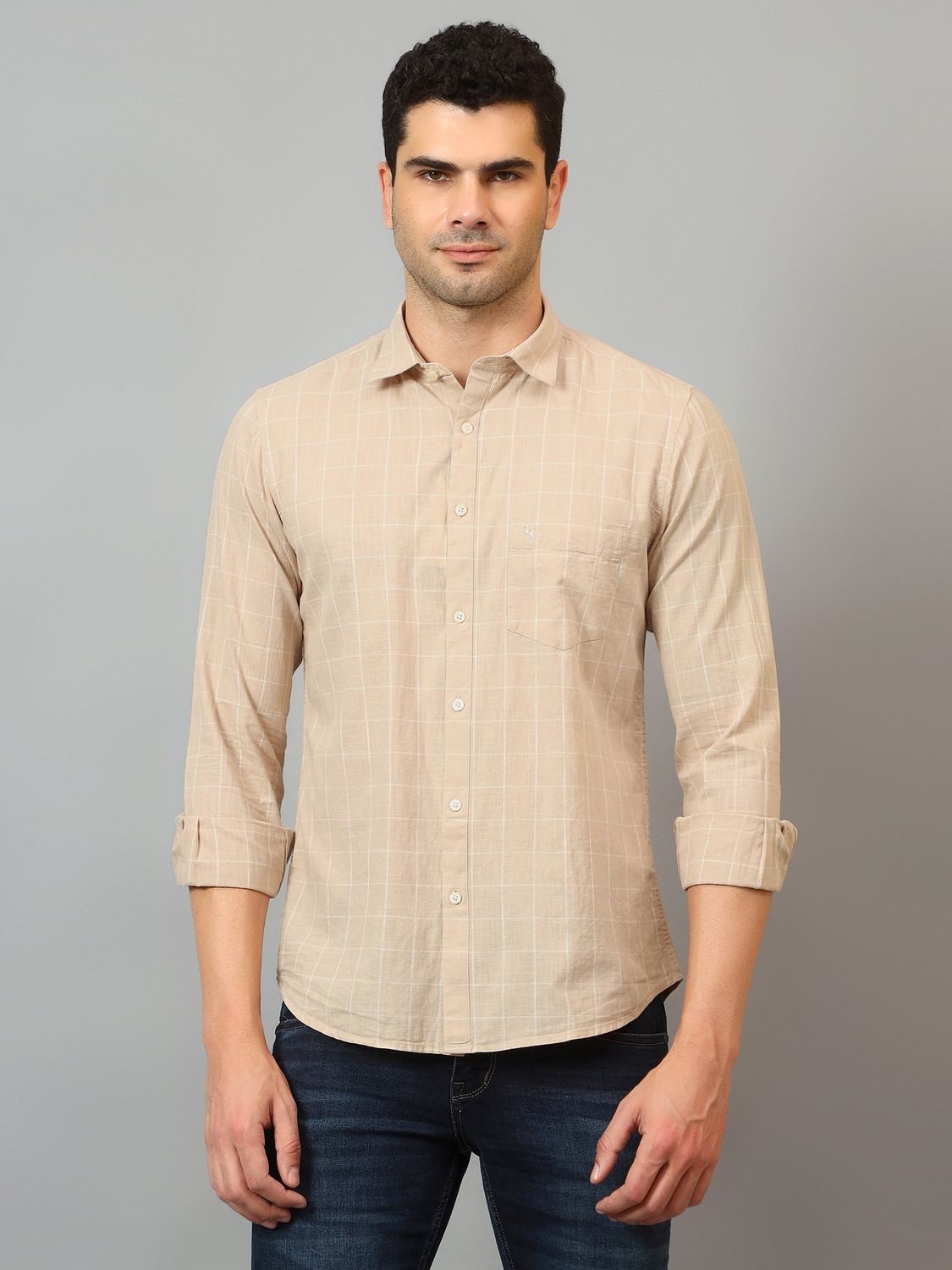 Image of CANTABIL Men Checkered Casual Beige Shirt