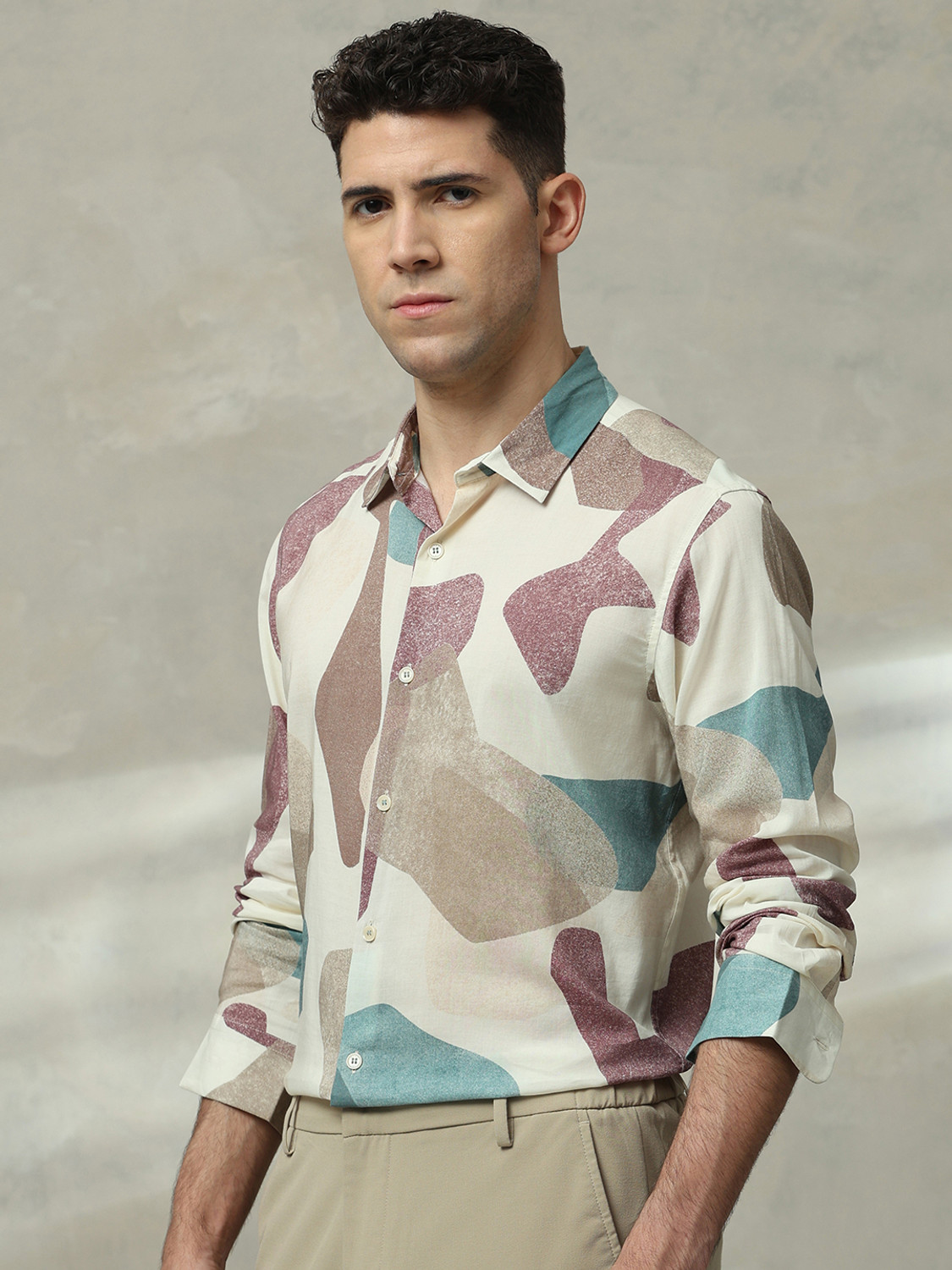 Image of MUFTI Men Printed Casual Cream Shirt