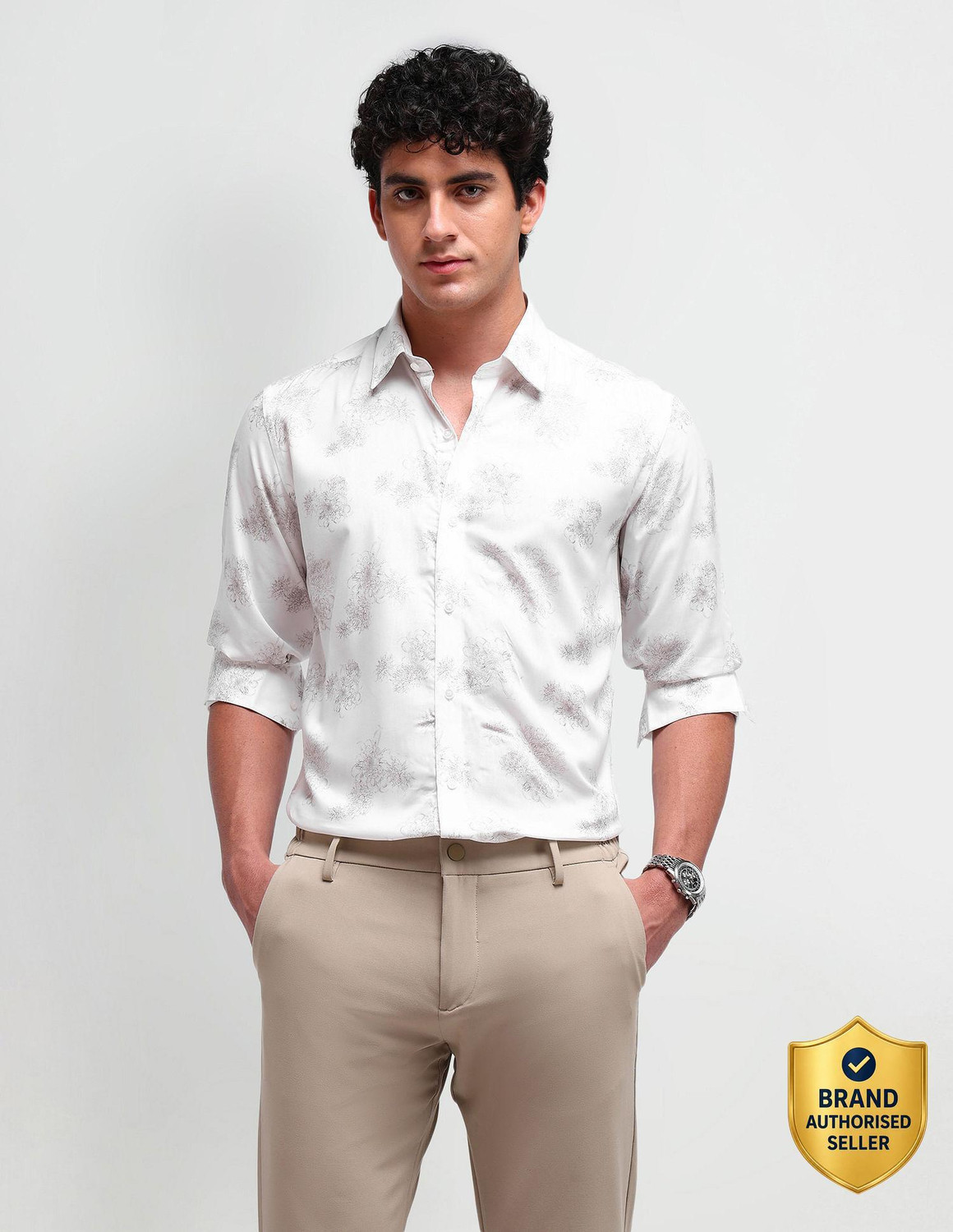 Image of ARROW Men Floral Print Formal White Shirt