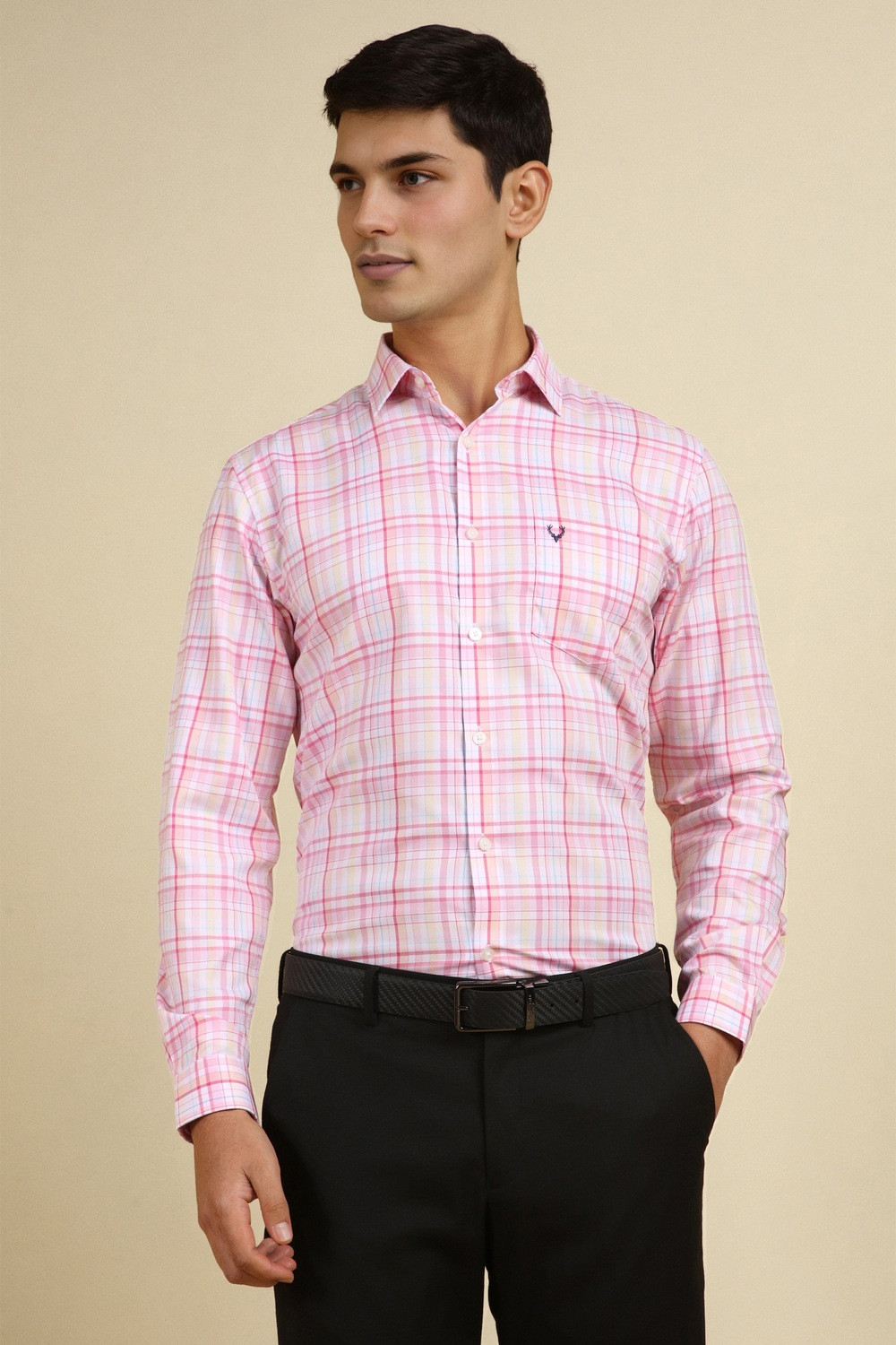 Image of Allen Solly Men Checkered Formal Pink Shirt