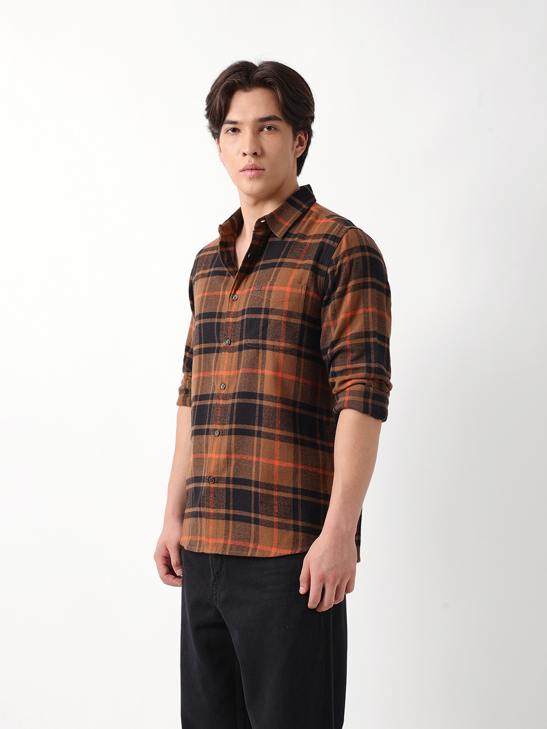 Image of THE BEAR HOUSE Men Checkered Casual Brown Shirt