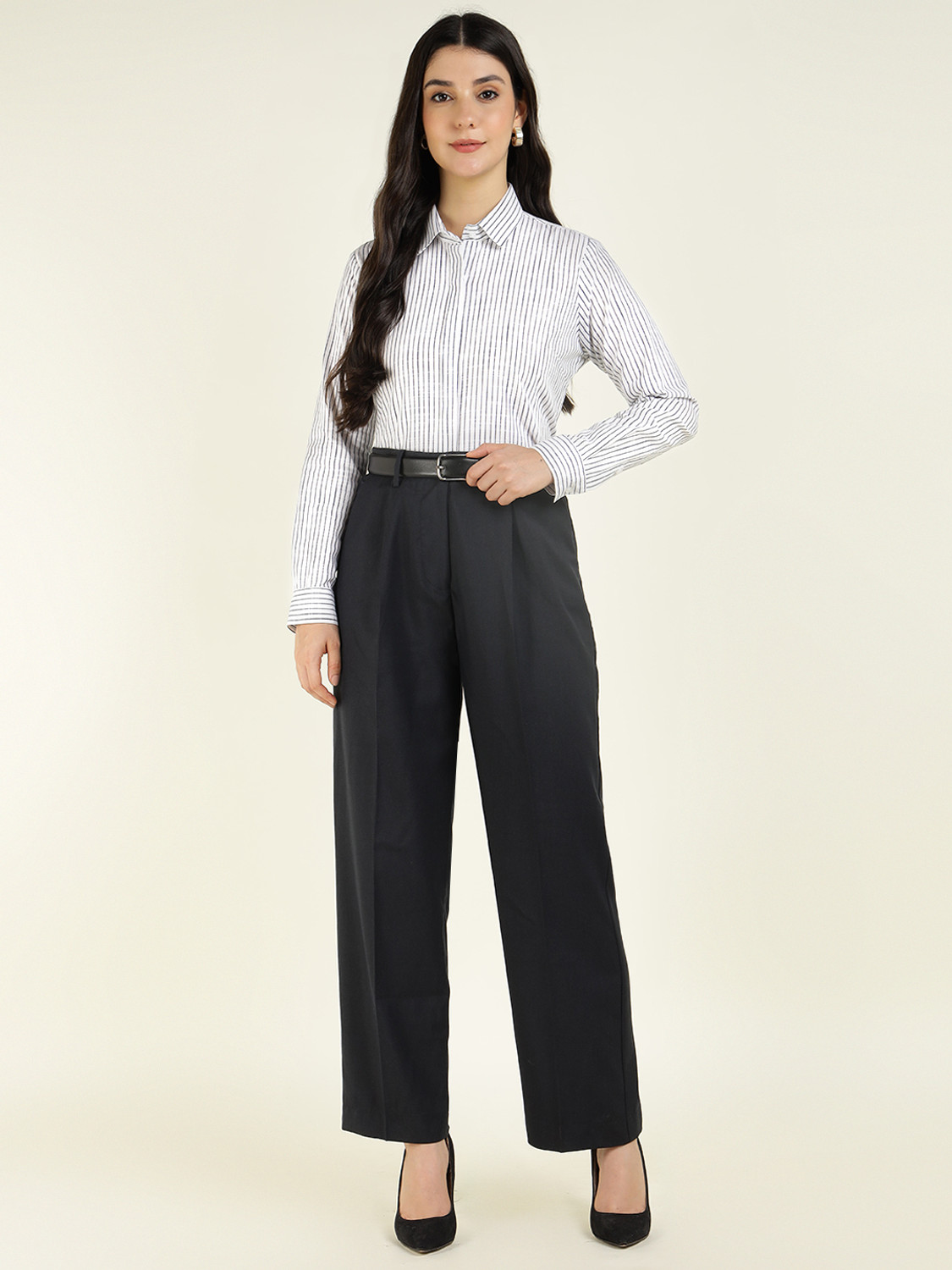 Image of Hancock Women Striped Formal White Shirt