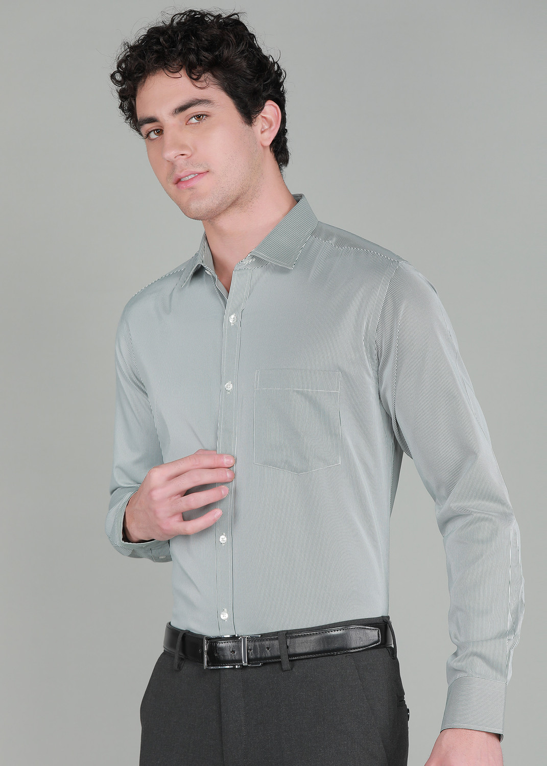 Image of PARK AVENUE Men Striped Formal Green Shirt