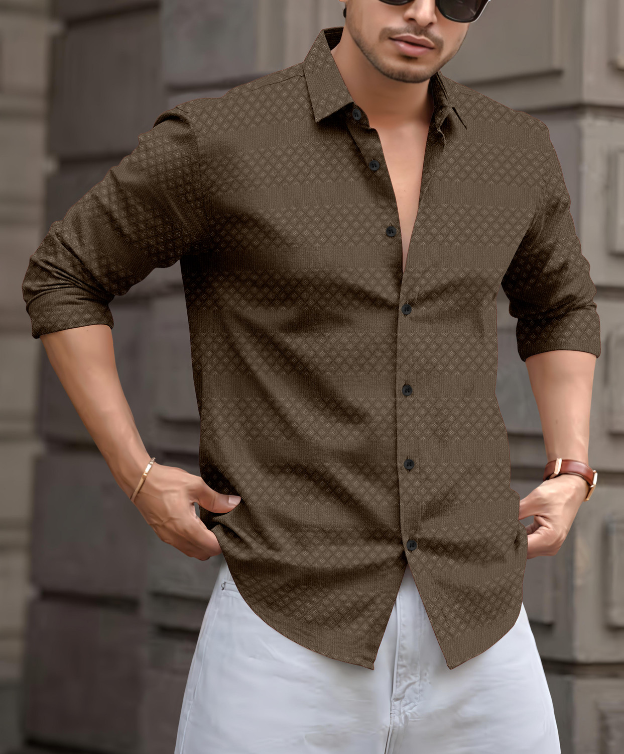 Image of VELLOSTA Men Self Design Casual Brown Shirt