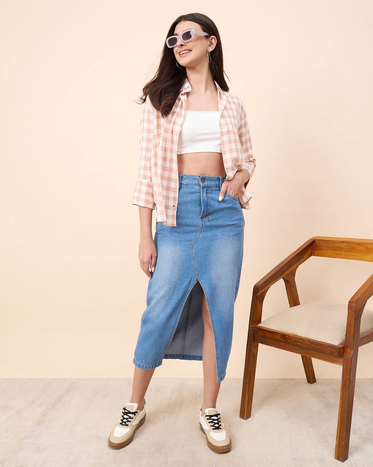 Chimpaaanzee Women Checkered White, Orange Shirt - Image 2
