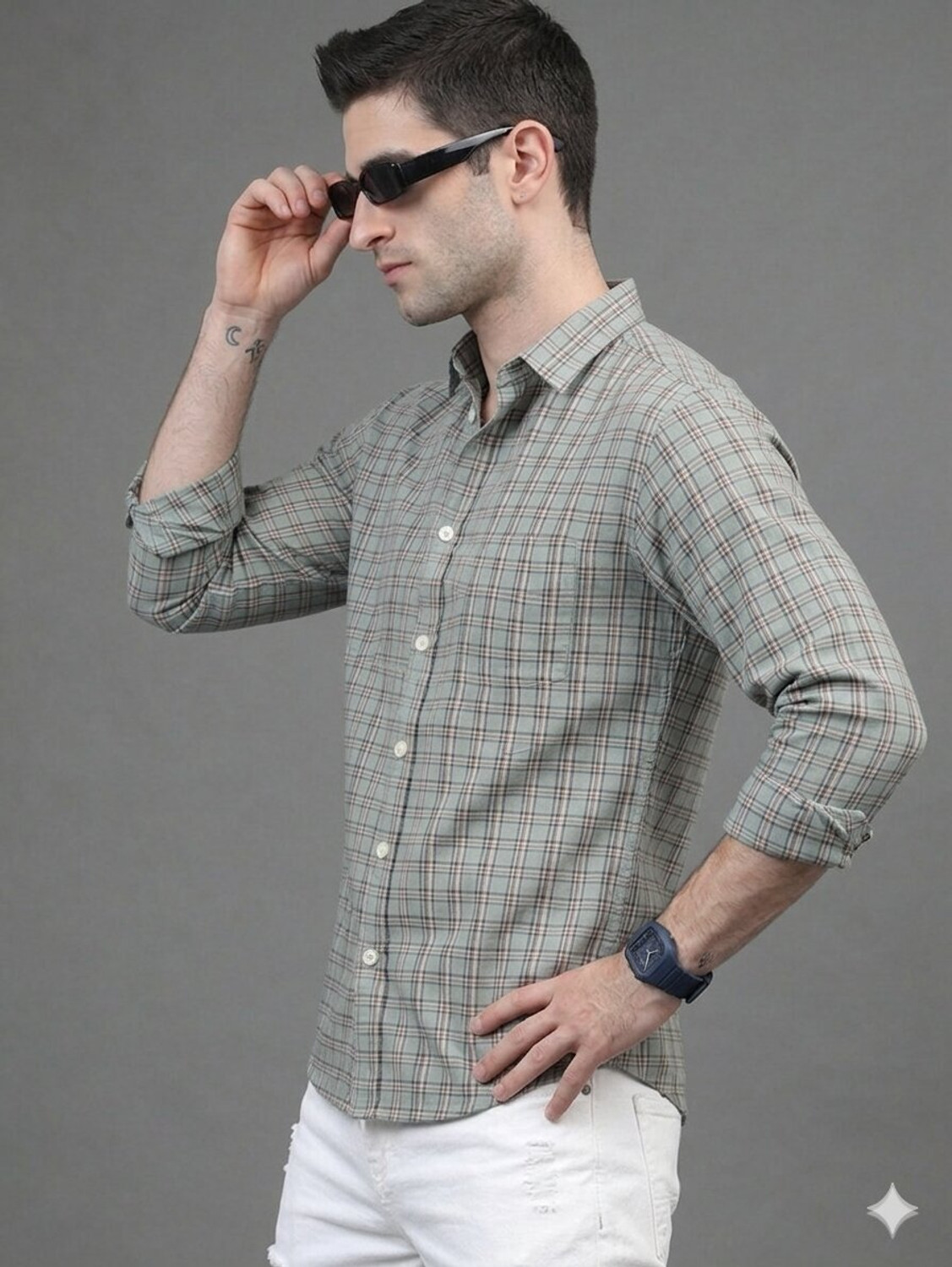Image of Roadster Men Checkered Casual Light Green Shirt