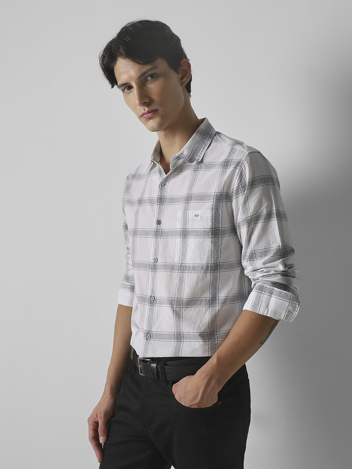 Image of MUFTI Men Checkered Casual Grey Shirt