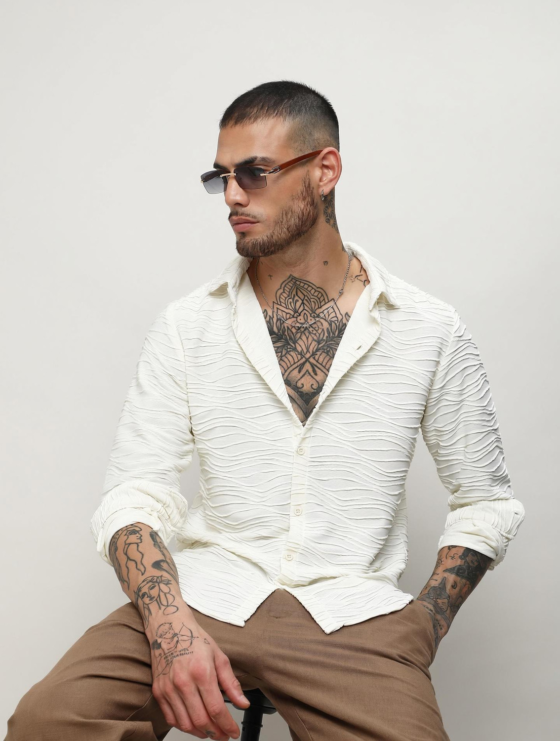 Image of CAHOOT Men Self Design Casual White Shirt