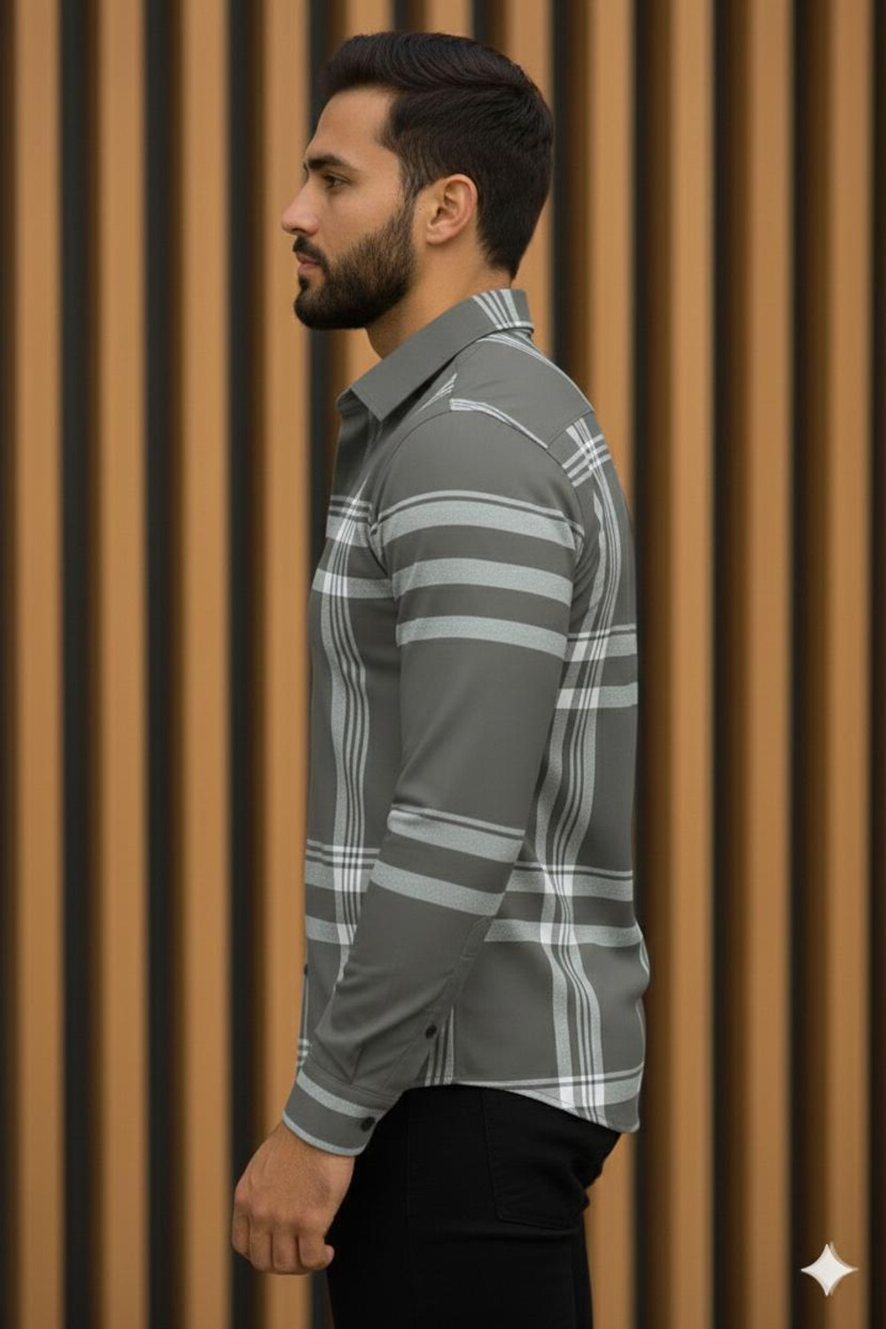 Image of JACKBELLA Men Striped Casual Grey Shirt