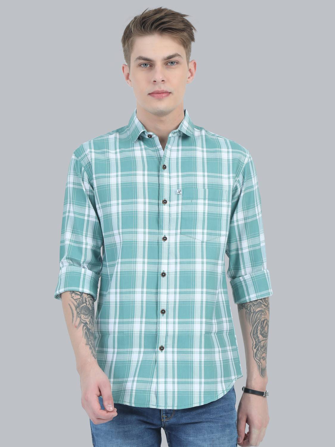ALLWIN PAUL Men Checkered Casual Green Shirt