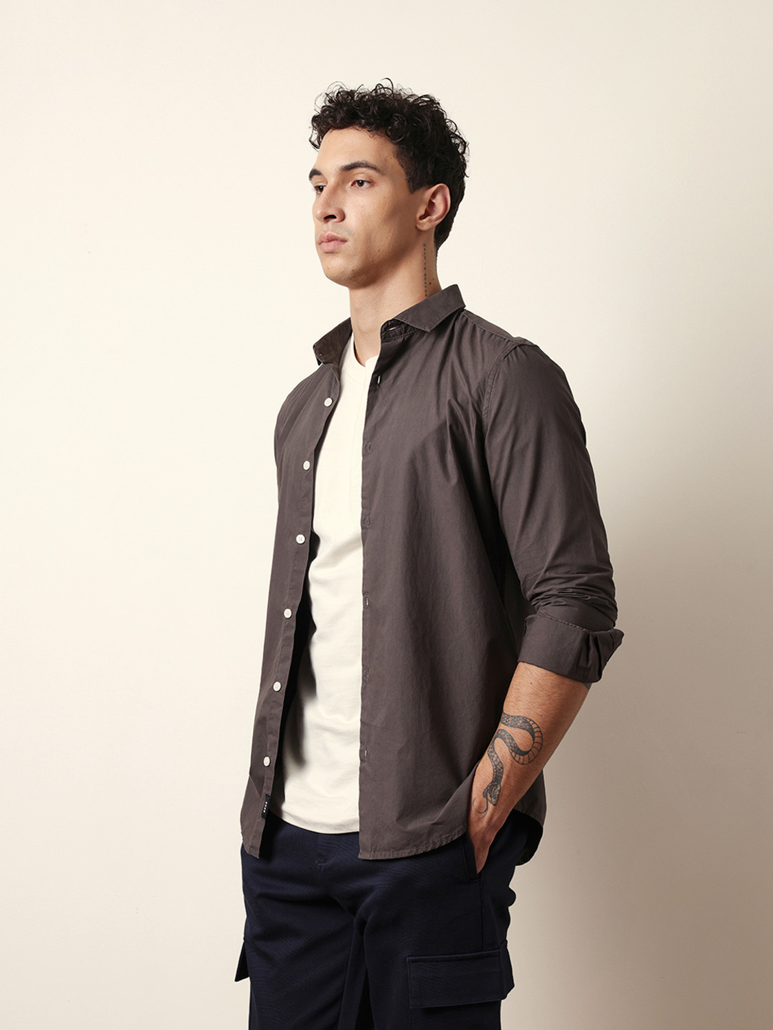 Image of THE BEAR HOUSE Men Solid Casual Grey Shirt