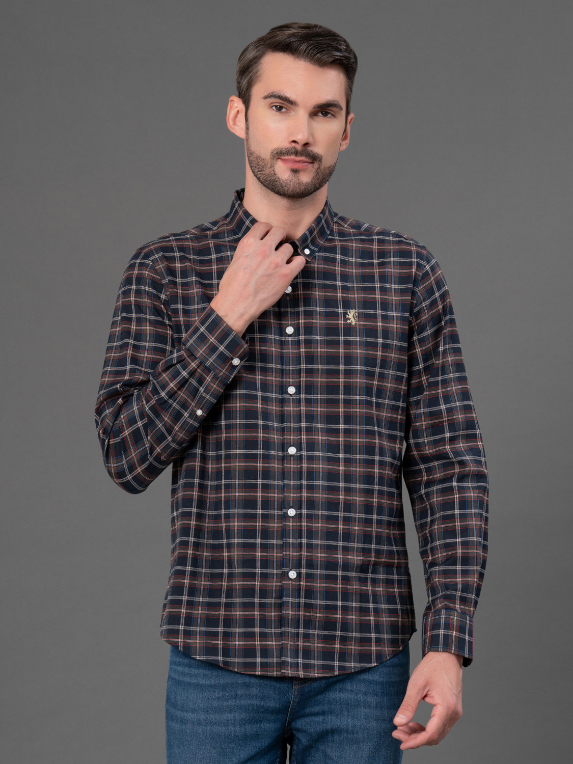 Image of RED TAPE Men Checkered Casual Dark Blue Shirt