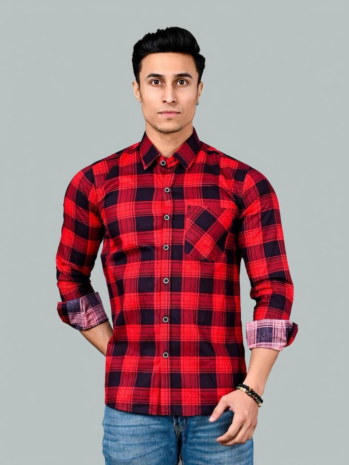 BlackLilly Men Checkered Formal Red Shirt
