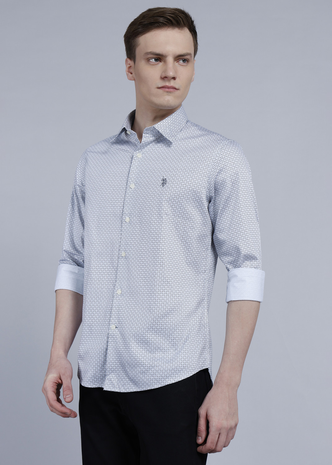 Image of U.S. POLO ASSN. Men Slim Fit Printed Cut Away Collar Casual Shirt