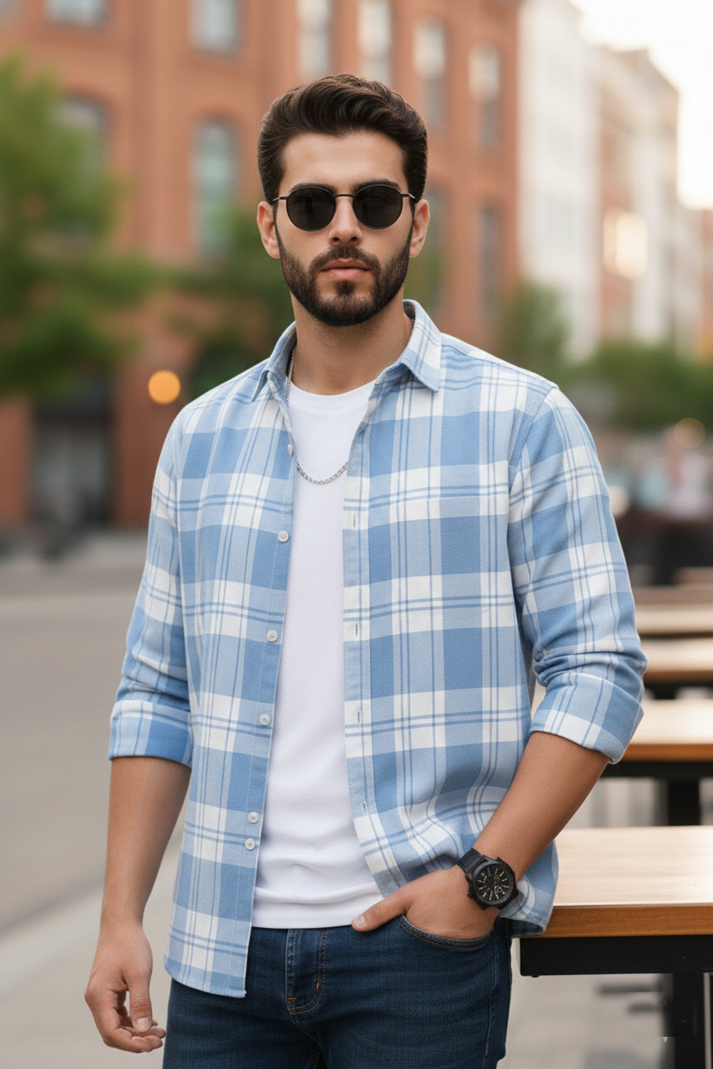 Image of S-LINE Men Checkered Casual Light Blue Shirt