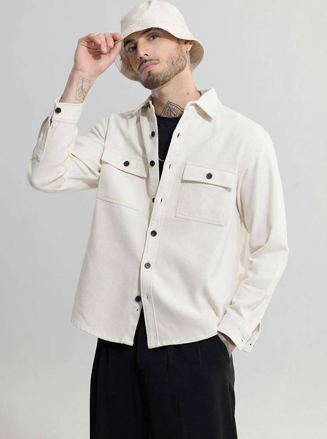 Snitch Men Solid Casual Cream Shirt - Image 1