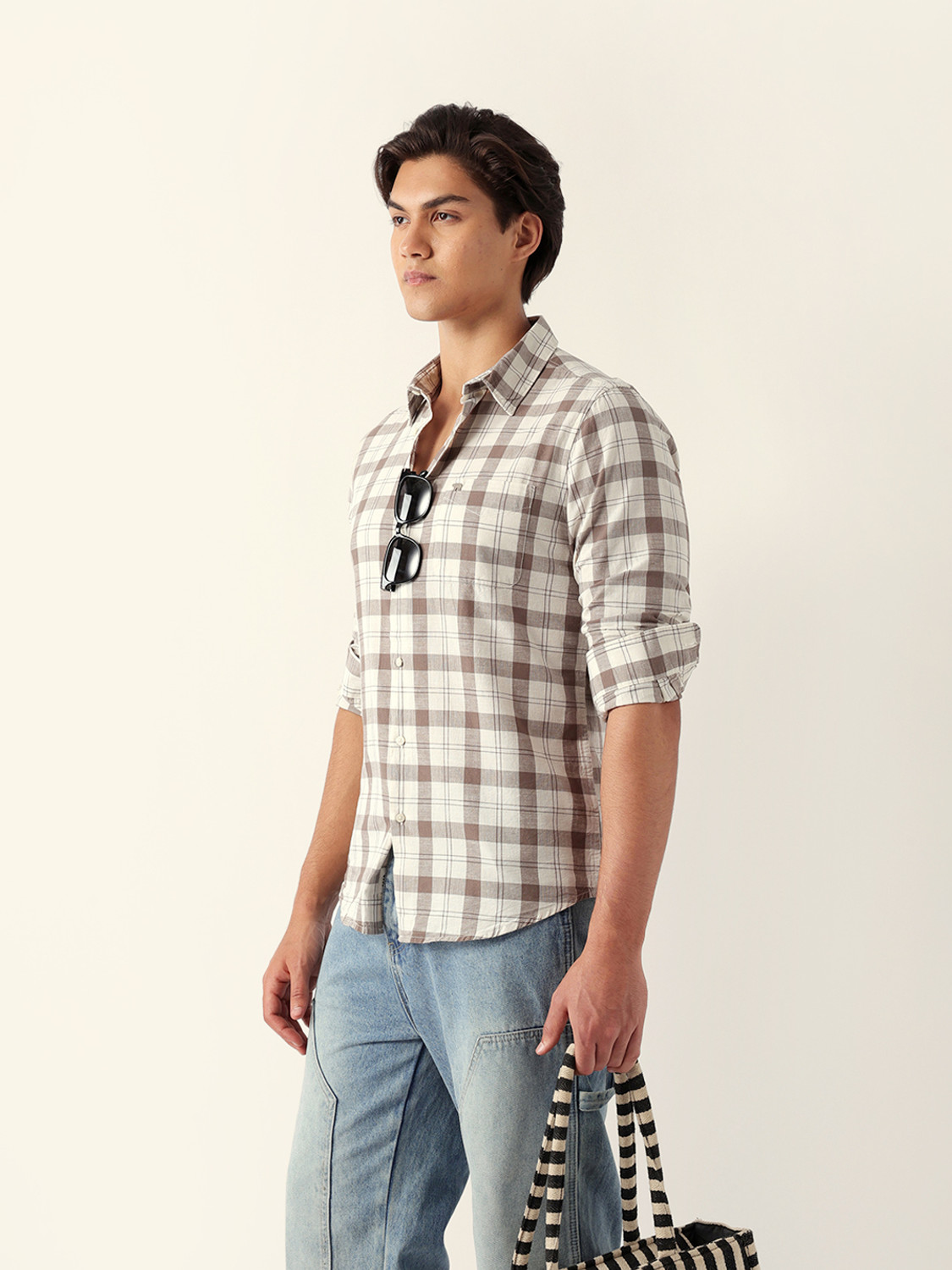 Image of THE BEAR HOUSE Men Checkered Casual Cream Shirt
