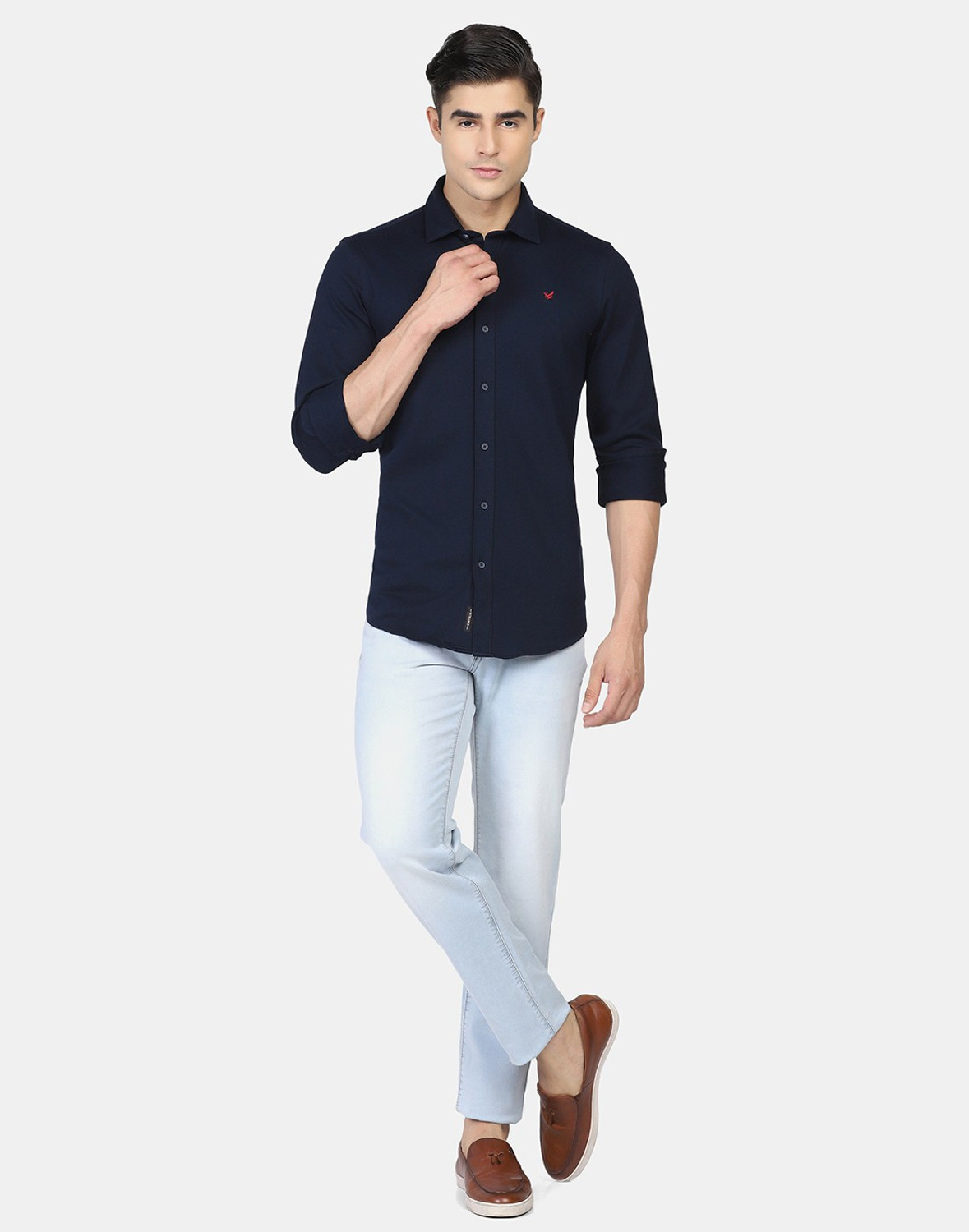 Image of Blackberrys Men Solid Casual Blue Shirt