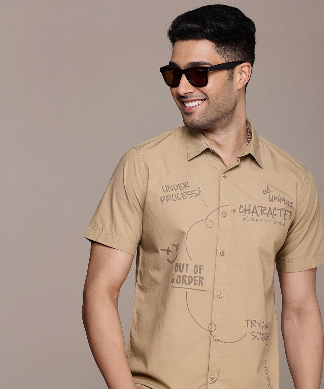 Image of WROGN Men Printed Casual Beige Shirt
