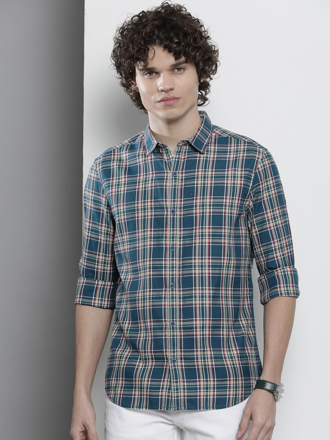Image of The Indian Garage Co. Men Checkered Casual Dark Blue Shirt