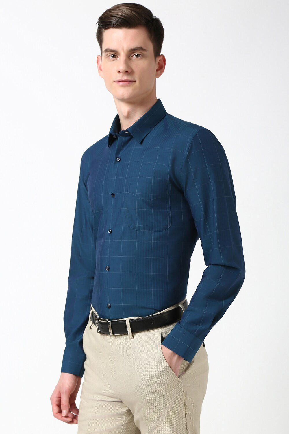 Image of PETER ENGLAND Men Checkered Formal Blue Shirt