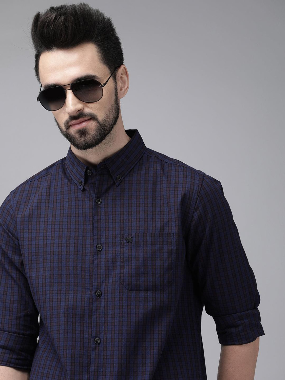 Image of THE BEAR HOUSE Men Checkered Casual Blue Shirt