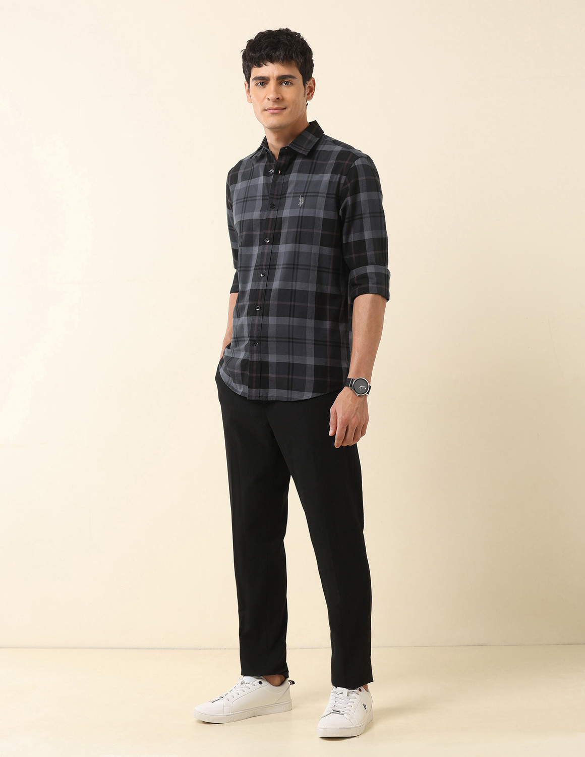 Image of U.S. POLO ASSN. Men Checkered Casual Grey Shirt