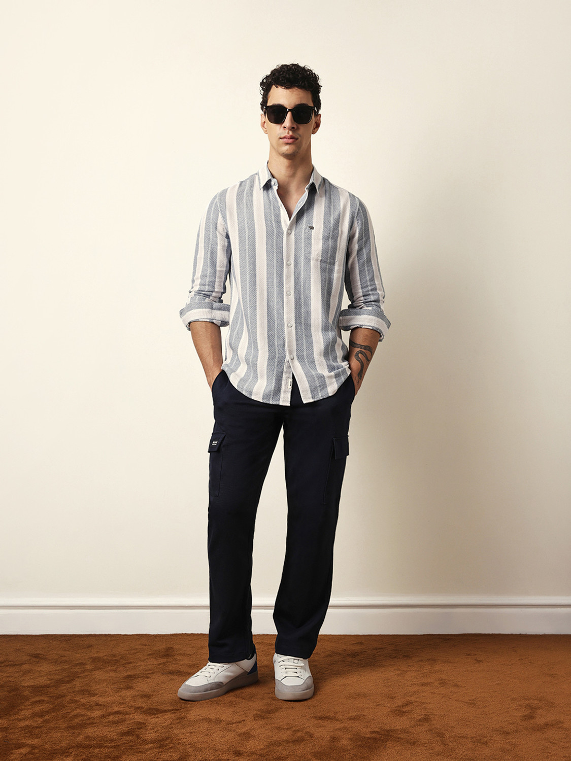 Image of THE BEAR HOUSE Men Striped Casual Grey, White Shirt