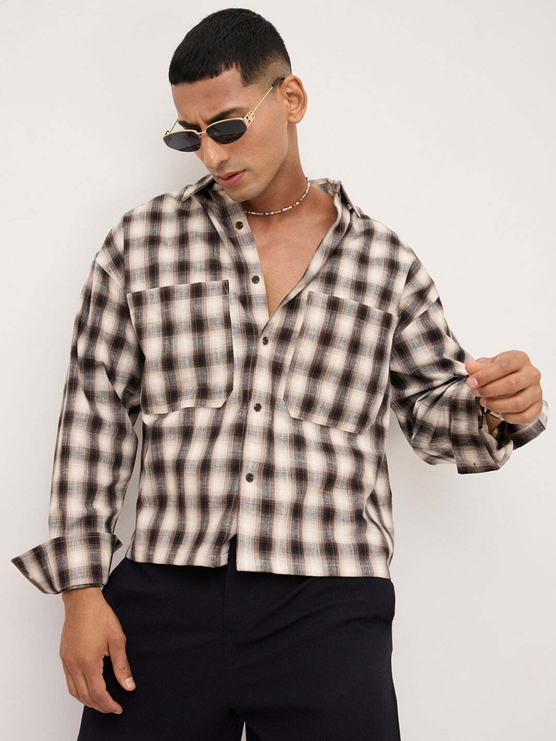 Image of VASTRADO Men Checkered Casual Beige, Brown Shirt