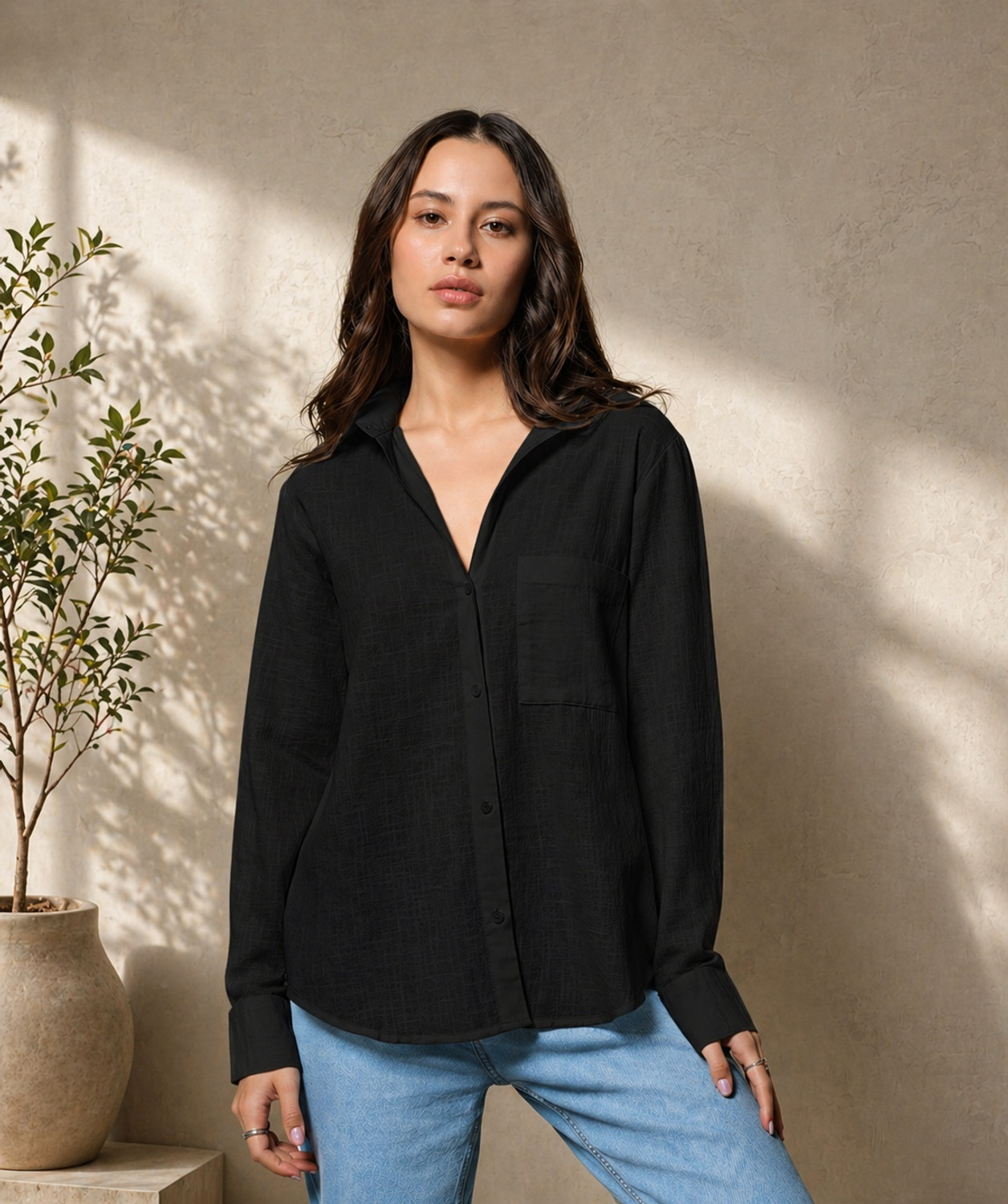 Image of METRONAUT Women Solid Casual Black, White Shirt