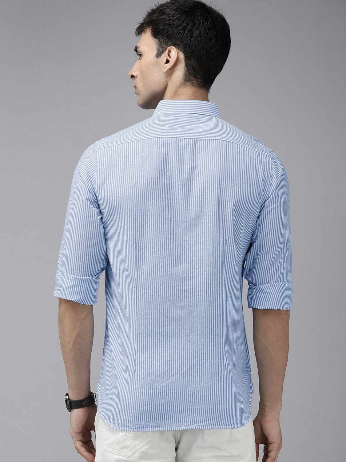 Image of THE BEAR HOUSE Men Striped Casual White, Light Blue Shirt