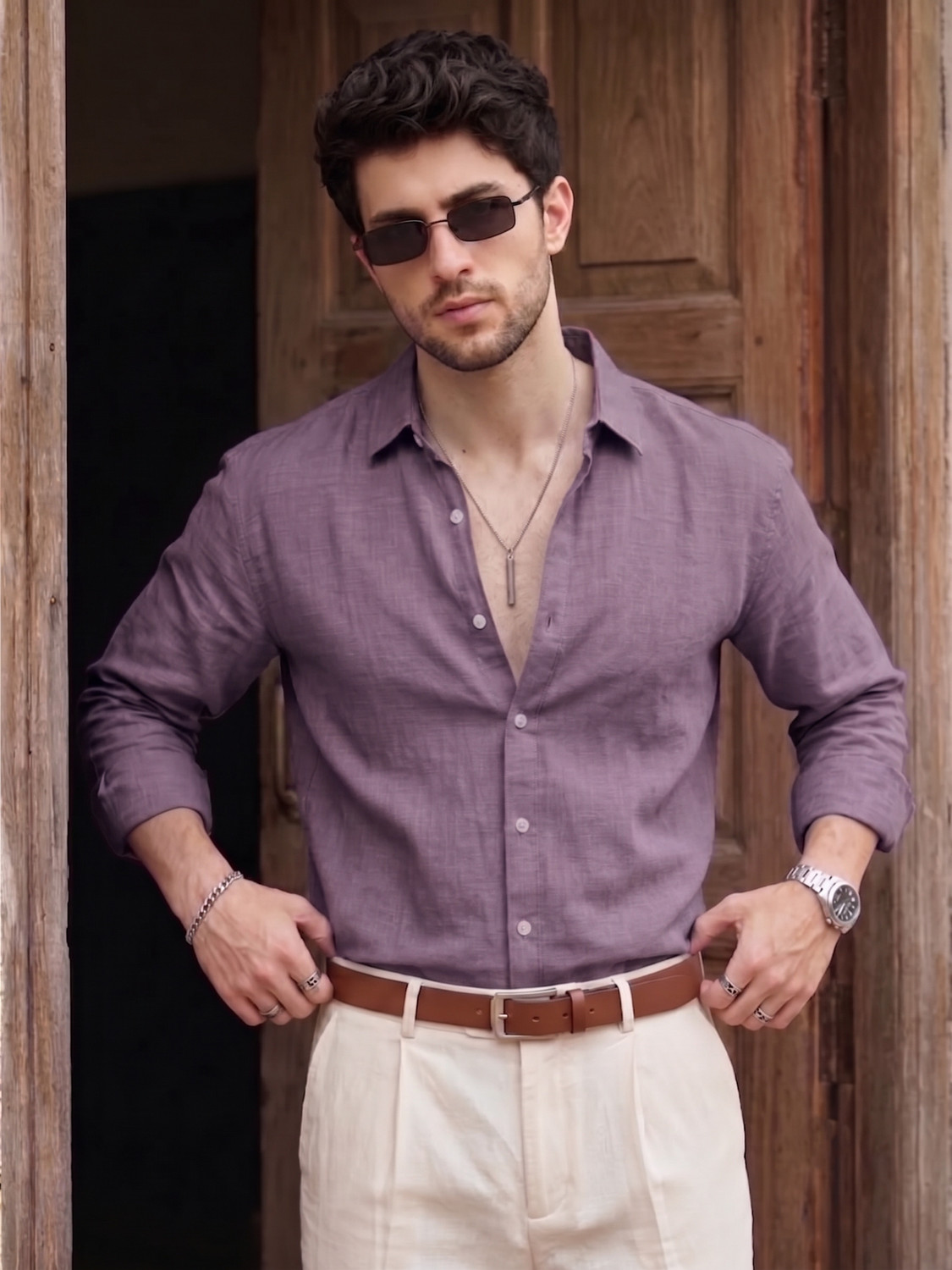 Image of STONEBERG Men Self Design Formal Pink Shirt