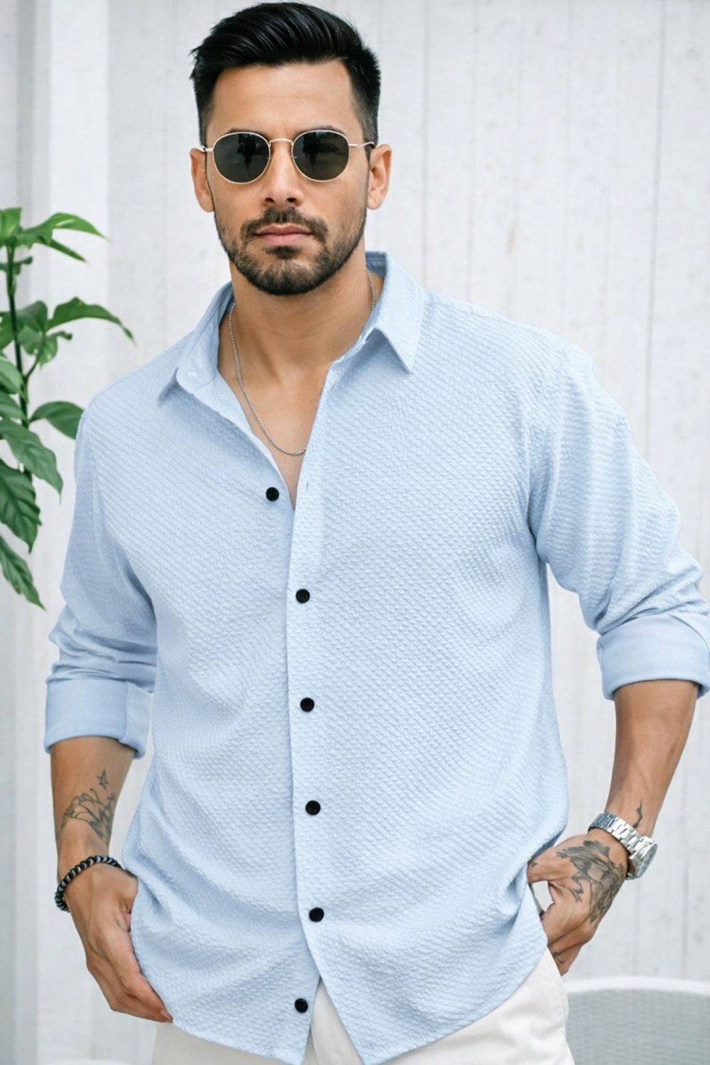 Image of JCOSTA Men Self Design Casual Light Blue Shirt