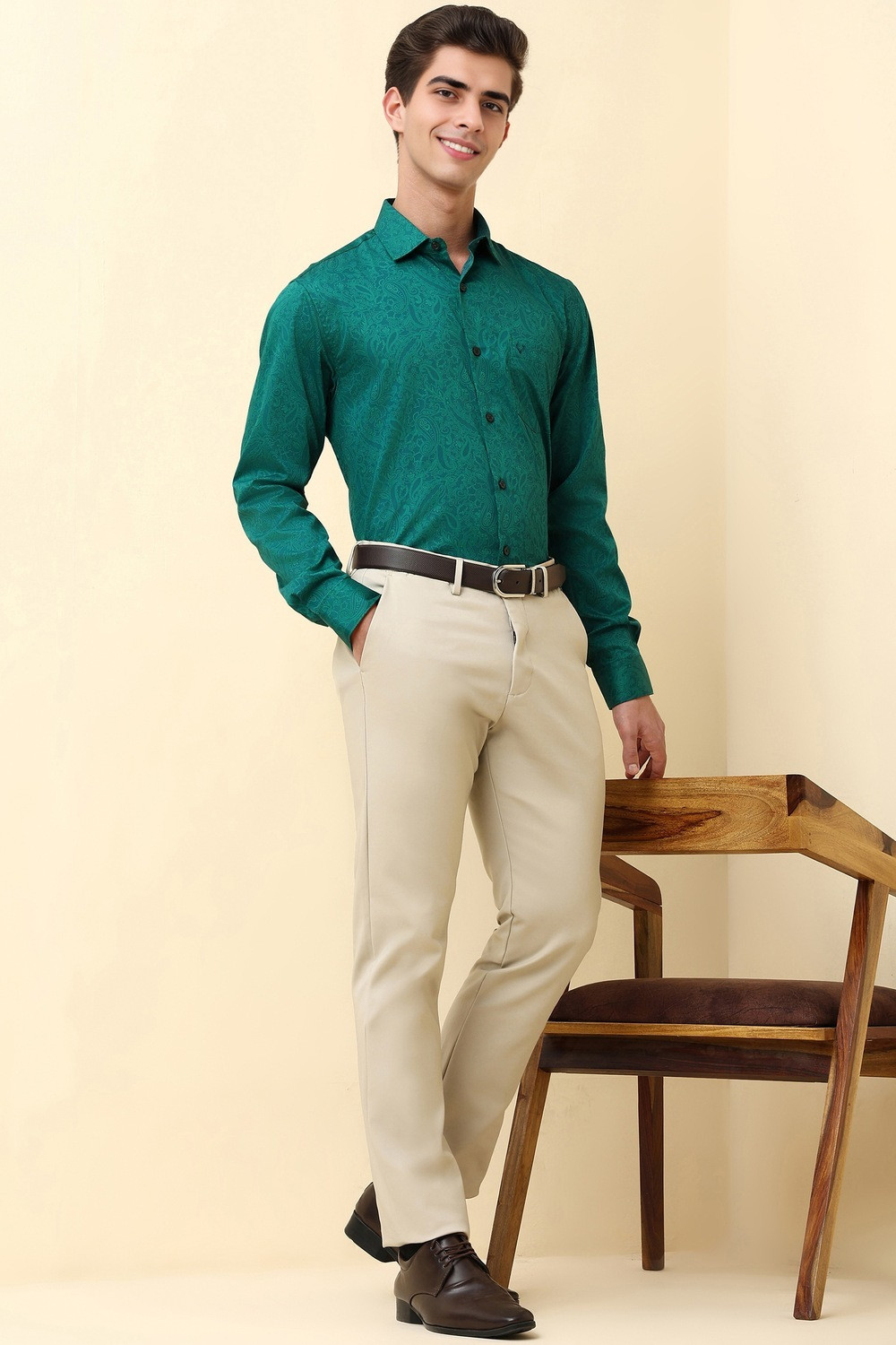 Image of Allen Solly Men Printed Formal Green Shirt