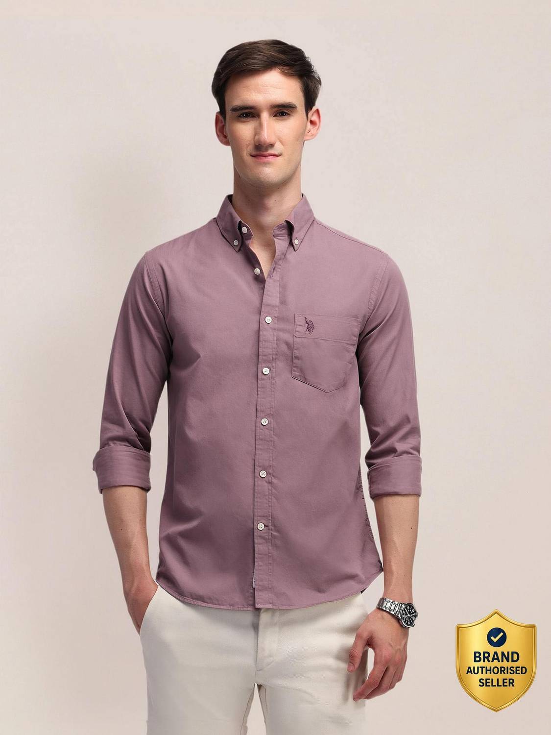 U.S. POLO ASSN. Men Solid Casual Pink Shirt
