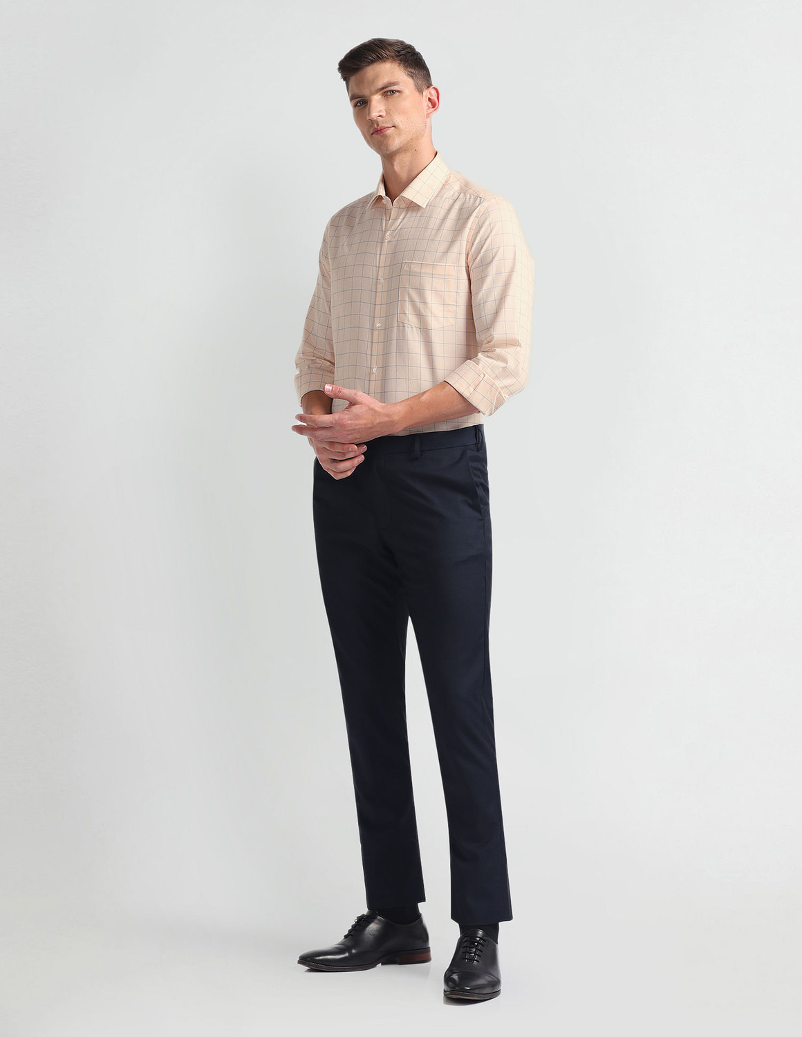 Image of ARROW Men Checkered Formal Orange, Blue Shirt