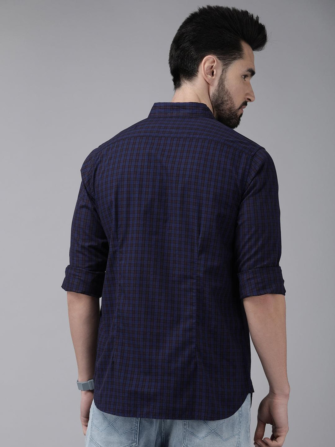 Image of THE BEAR HOUSE Men Checkered Casual Blue Shirt