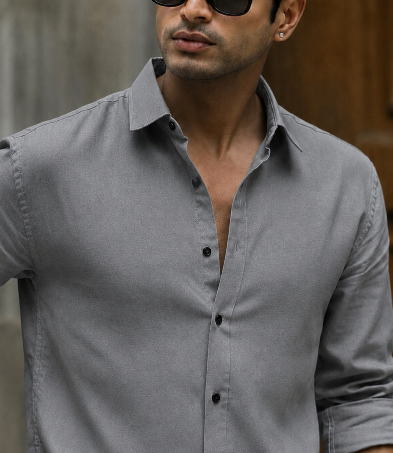 Image of Holdio Men Solid Casual Grey Shirt