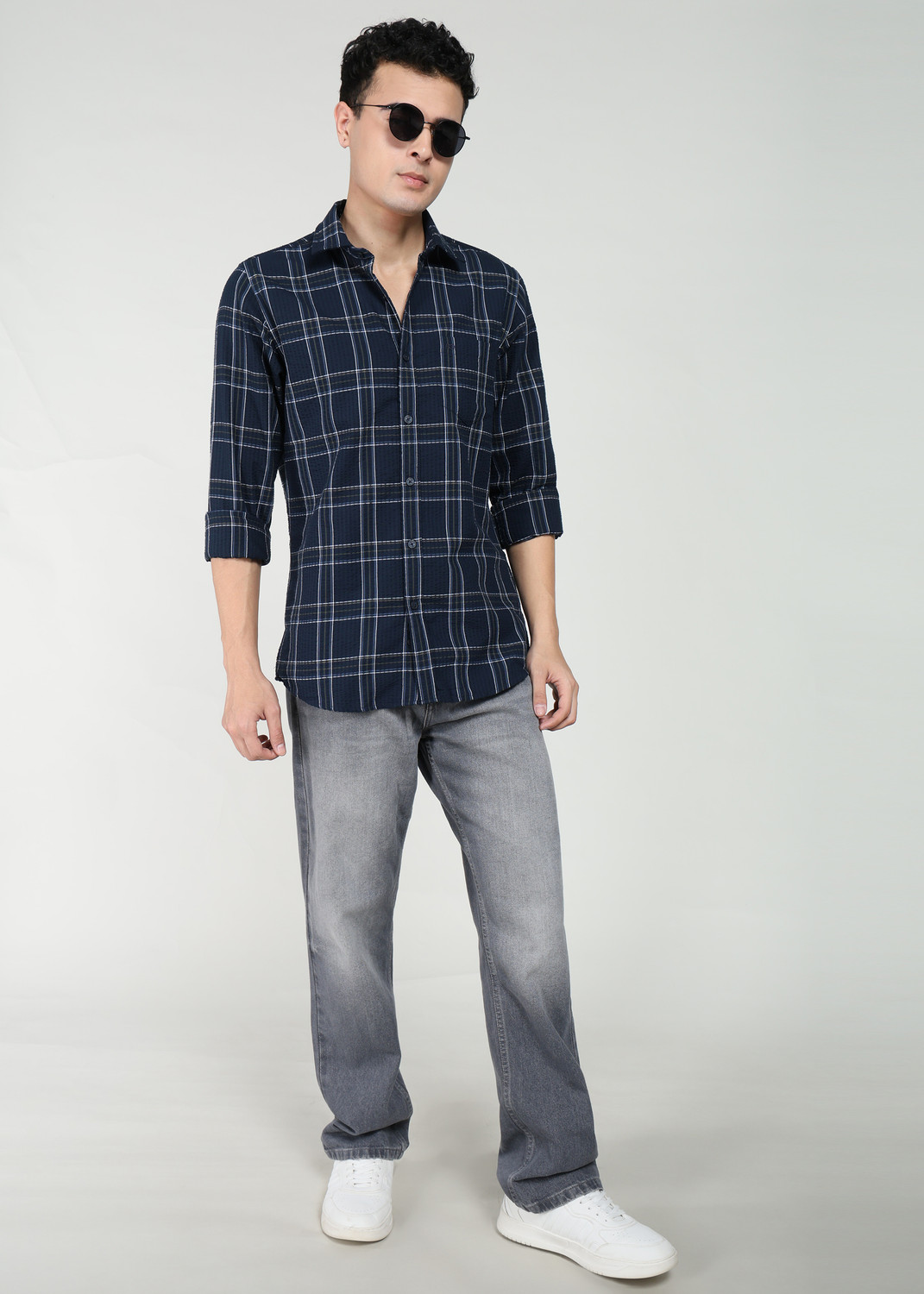 Image of PETER ENGLAND Men Checkered Casual Blue Shirt