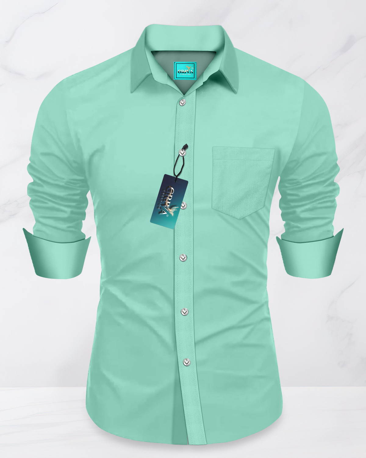 Image of Grivacreation Men Solid Casual Light Green Shirt