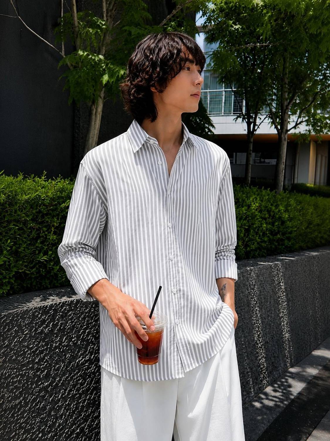CAMBREEN Men Striped Casual Grey, White Shirt