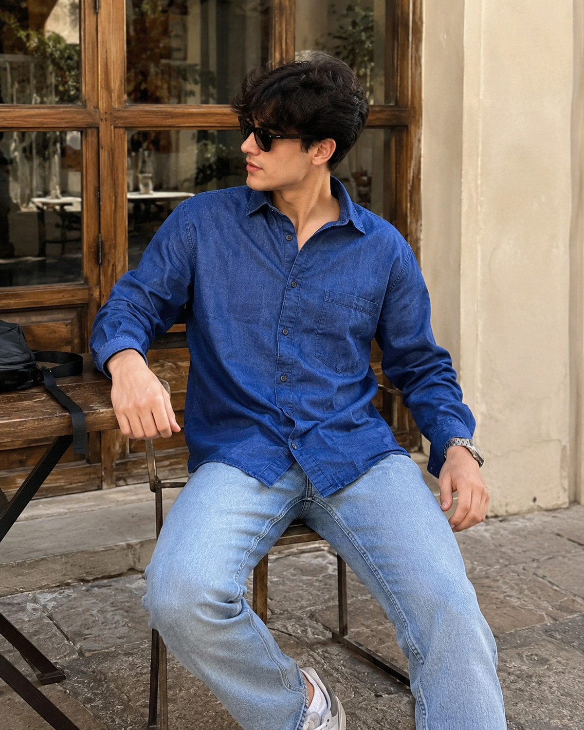 Image of FnQ Men Washed Casual Dark Blue Shirt