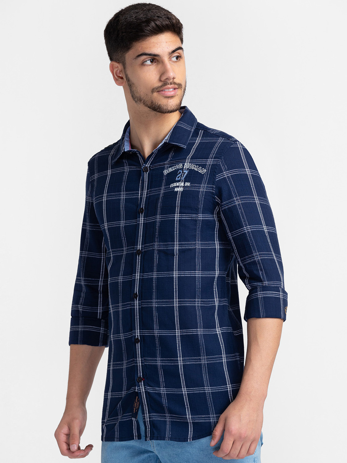 Image of BEING HUMAN Men Checkered Casual Dark Blue Shirt