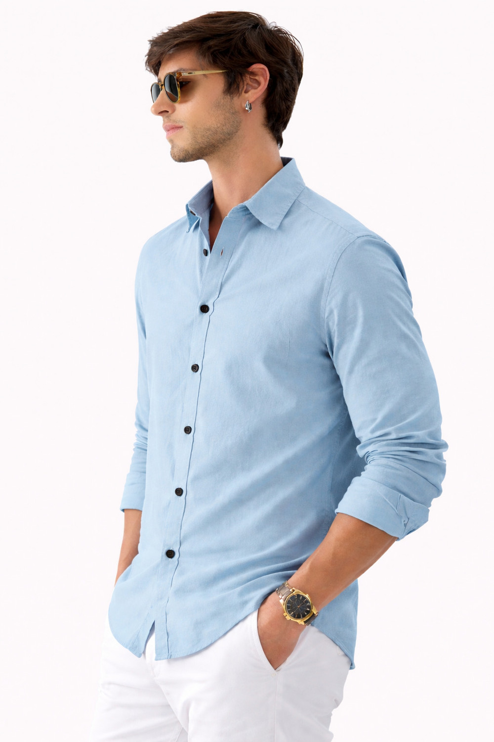 Image of luxiva Men Solid Casual Light Blue Shirt