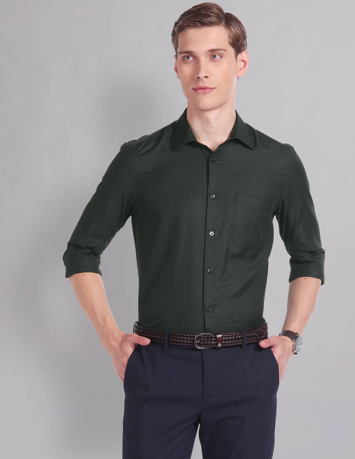 AD by Arvind Men Solid Formal Dark Green Shirt